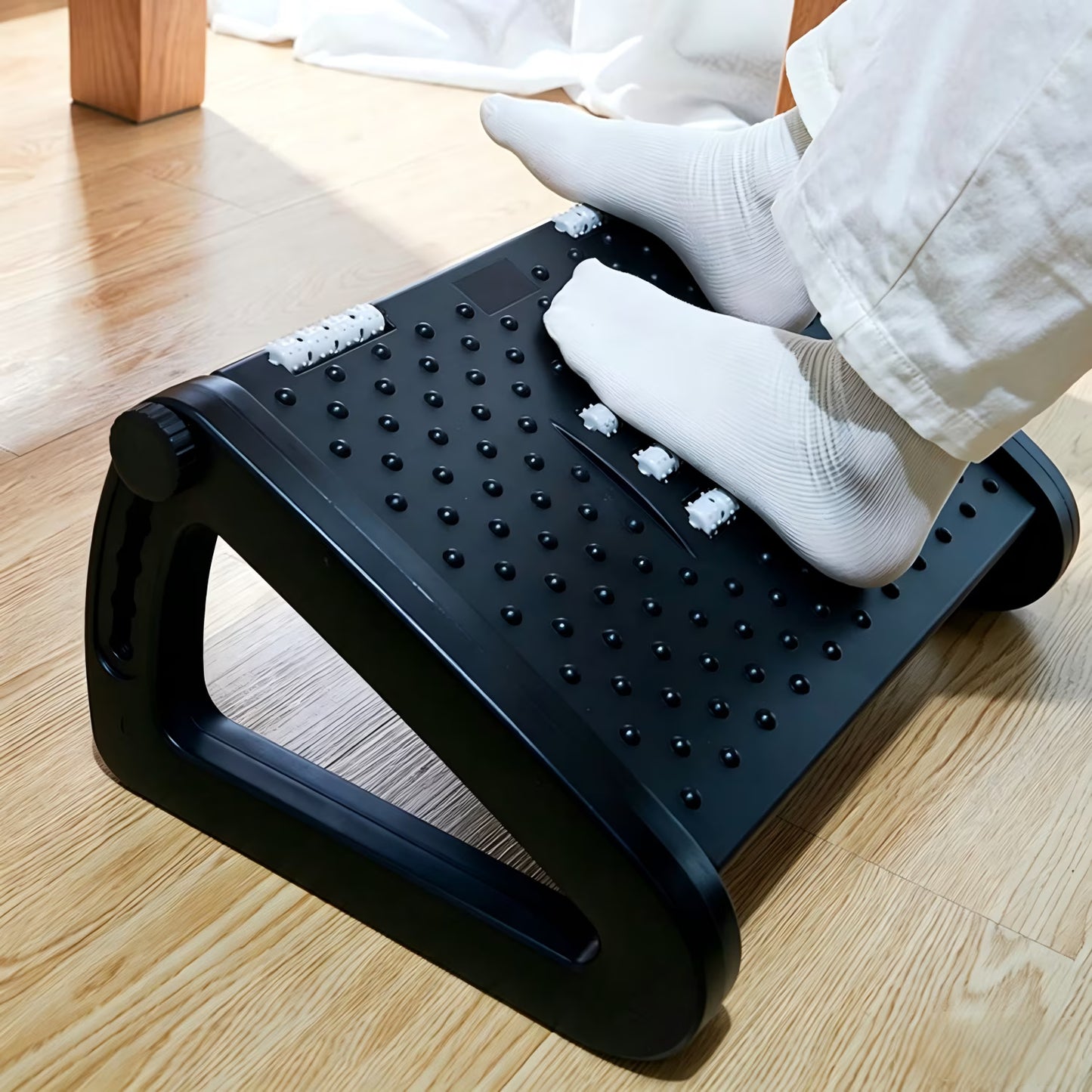 Foot Rest with 6 Adjustable Heights, Anti-Slip Suction Cup Design with Massage Roller, Portable Under Desk Foot Stool for Office, Home, Travel, Black