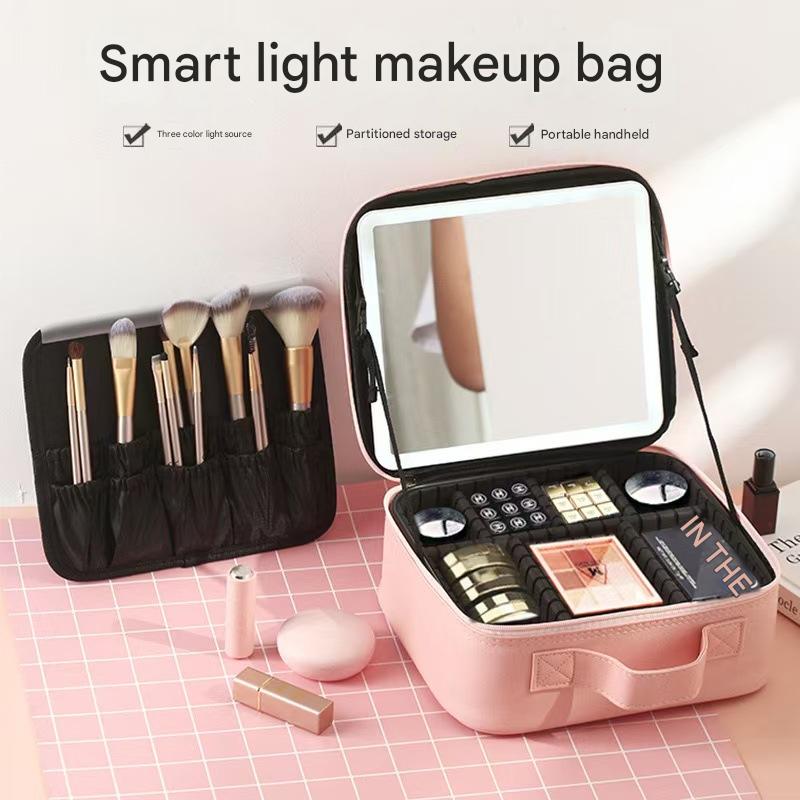 Yzhappy Travel Makeup Bag With LED Mirror, Cosmetic Train Case with Light up Mirror, Portable Makeup Artist Organizer Bag with Adjustable Dividers, Makeup Brush Holder Storage, Pink