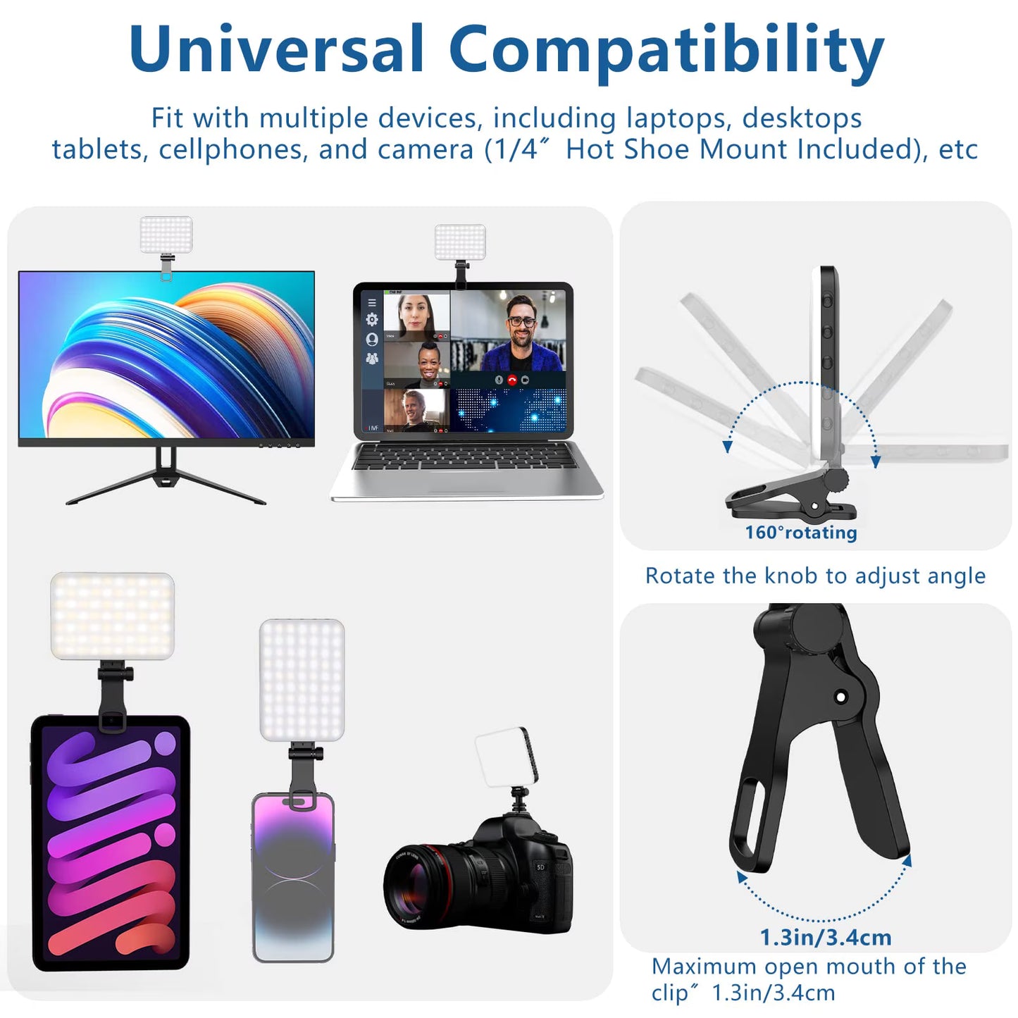 Avoben 60 LED Portable Selfie Light Video Conference Lighting with Clip & Camera Tripod Adapter Rechargeable 2200mAh CRI 97+, 3 Light Modes for Phone iPhone Webcam Laptop Photo Makeup