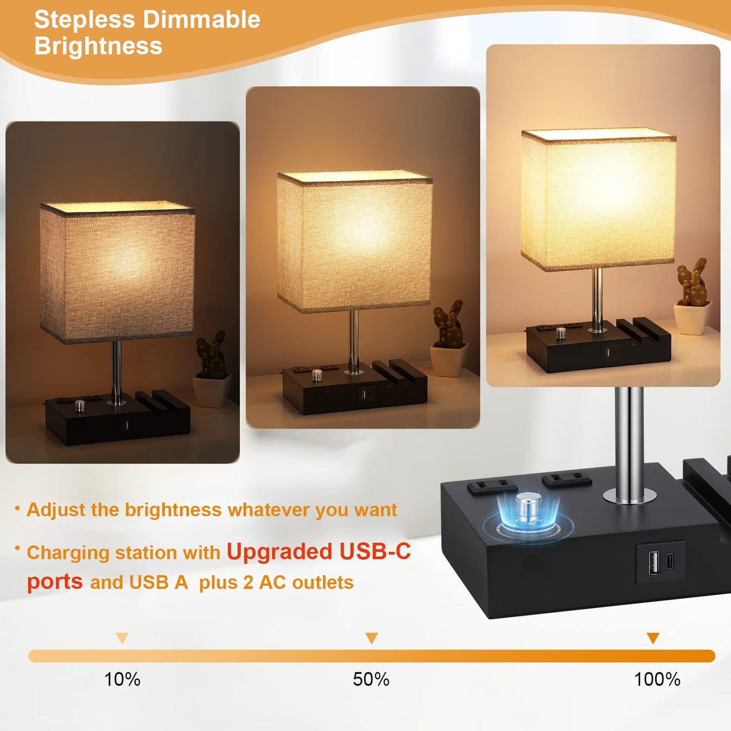 Table Lamp for Bedroom with Fast USB A&C Charging Ports, Bedside Lamps with 2 Phone Stands, 2 and 3-prong AC Charging Outlets, Touch Lamp for Living Room, Dorm, Home Office