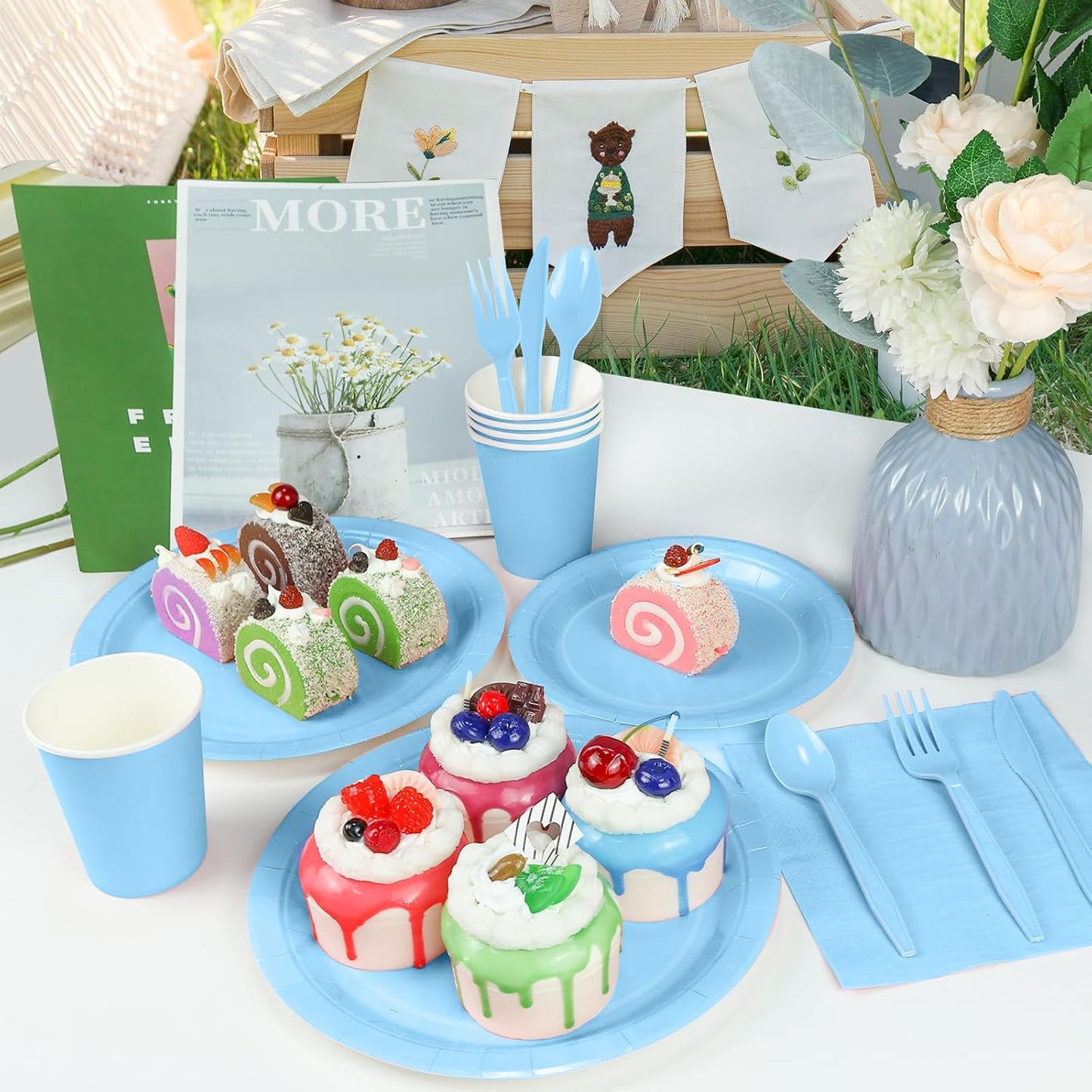 175PCS Light Blue Paper Plates and Napkins, Blue Disposable Plates Set for Baby Shower Gender Reveal Birthday Party Supplies Serve 25 Guests