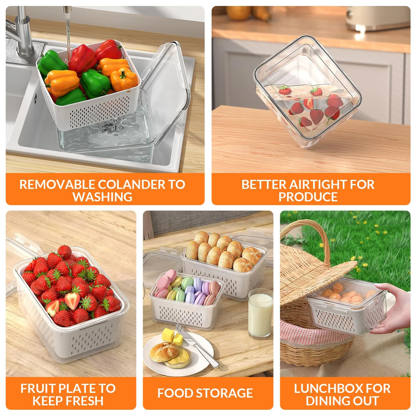 AMAZTEK Large Fruit Containers for Fridge, 5 PCS Leakproof Food Storage Containers with Removable Colander, Airtight Storage Container to Keep Berry Fruit Fresh, Dishwasher & microwave safe
