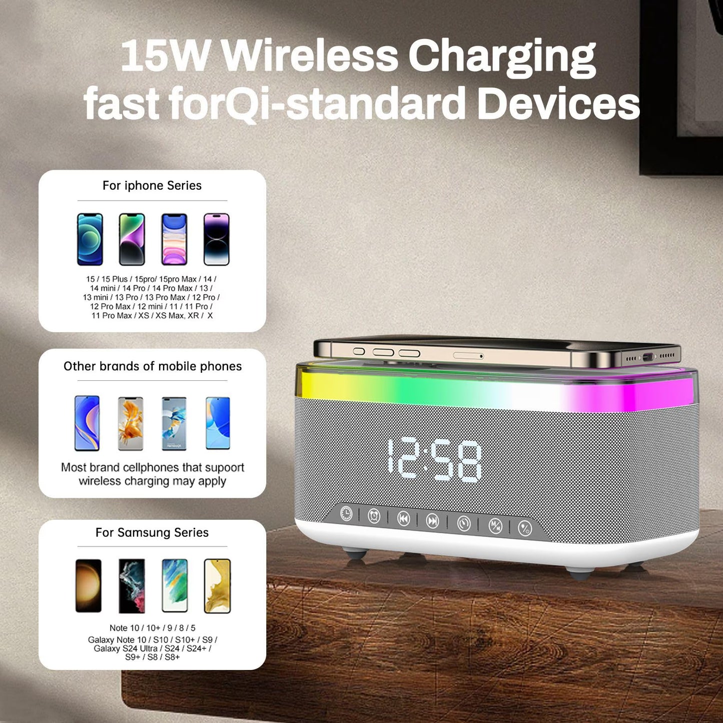 The DreamSky wooden digital alarm clock features wireless charging and is suitable for bedrooms and bedside tables. It comes with a charging dock, USB port, and large digital display.