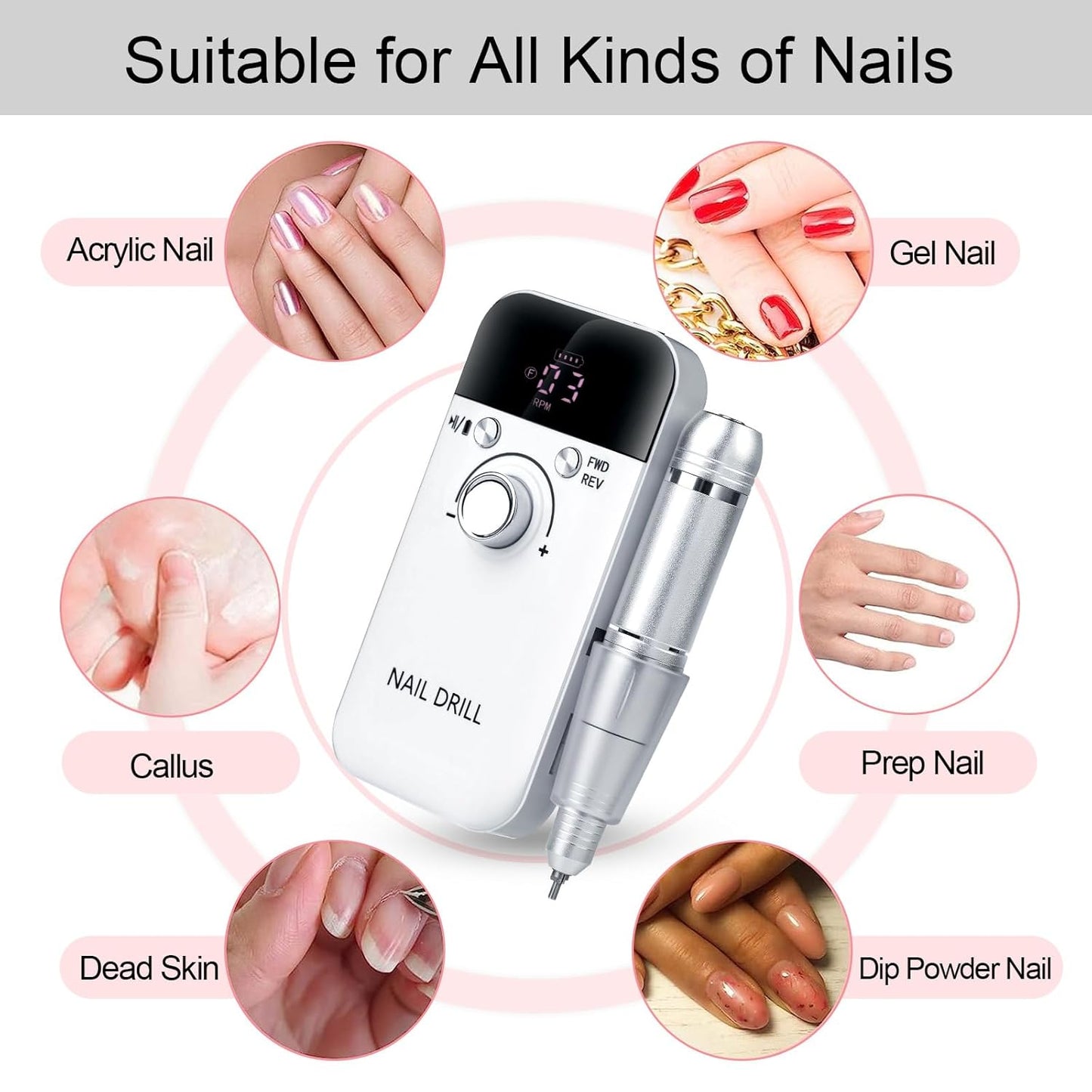 Yzhappy Electric Nail Drill Professional 45000RPM, Rechargeable Nail Drill Kit Portable Electric Nail File for Acrylic Nails Gel Polishing Removing Nail Drill Machine for Manicure Salon Home, White