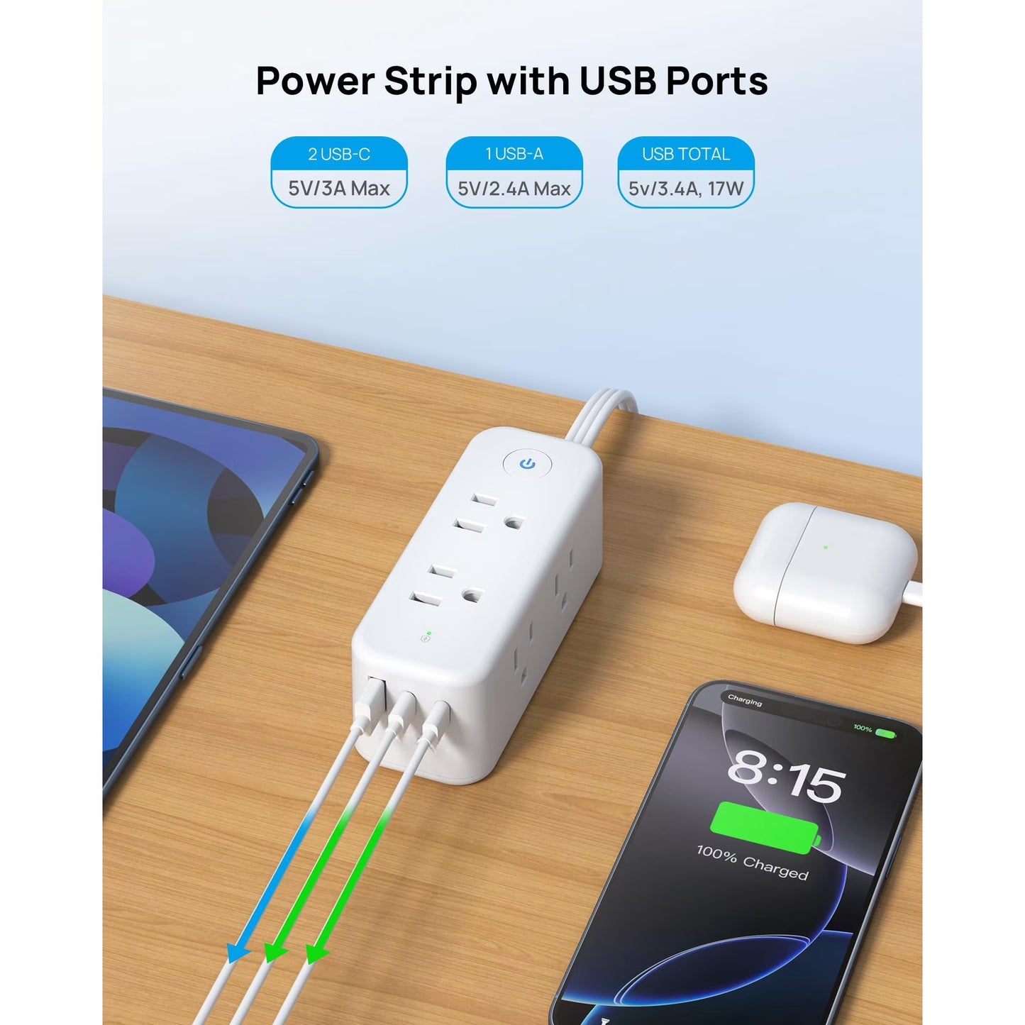 Avoben 360° rotating flat plug power strip with 6 widely spaced sockets, 2 USB-C ports and 1 USB-A port, 1440J surge protector, 5-foot extension cord, suitable for home, travel and office(Pack of 2)