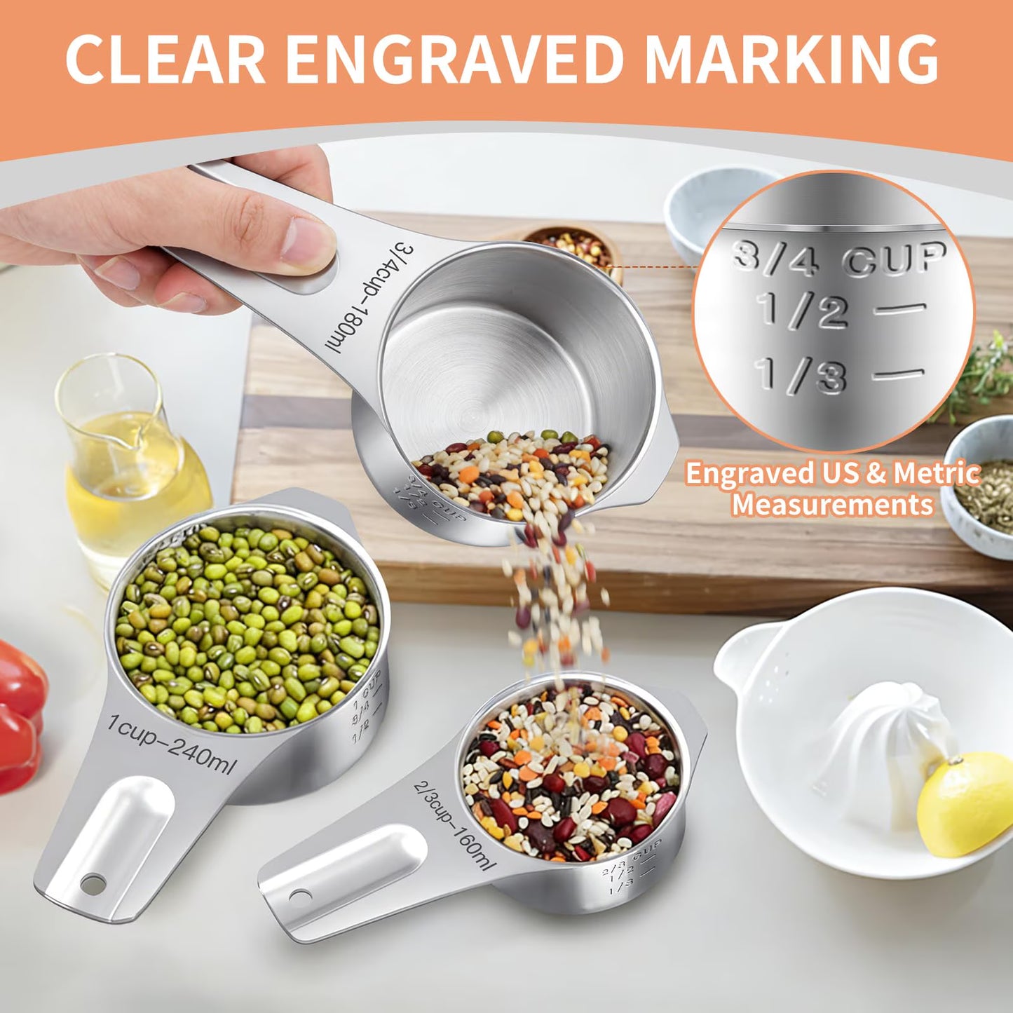 Yilush Cups and Spoons Set, 7 Stainless Steel Nesting Measuring Cups & 7 Spoons, 5 Mini Measuring Spoons &1 Leveler, Kitchen Gadgets for Cooking & Baking, Squar