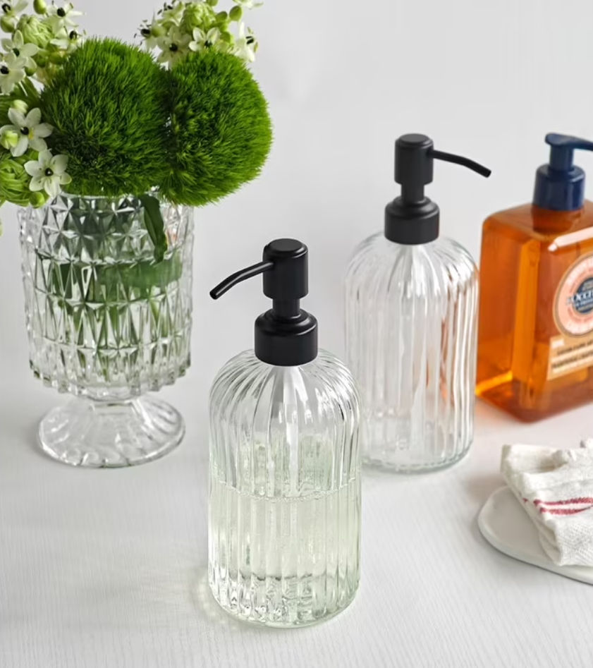 2PACK Glass Soap Dispenser with Rust Proof Stainless Steel Pump, Refillable Hand Soap Dispenser with Vertical Stripe, Premium Bathroom soap Dispenser for Kitchen & Bathroom