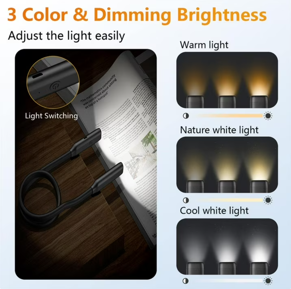 Reading light for books in bed Book Light 3-Color Bendable Neck Light, 80-hr Lasting Rechargeable book accessories for reading lovers, Perfect in Bed, Knitting, Repairing, Book Lovers Gifts