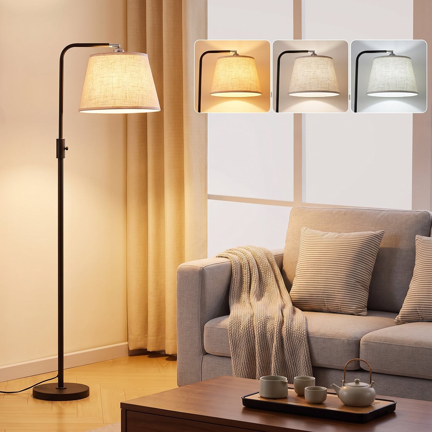 Capino Tall Floor Lamps with 3 Color Temperatures Bulb & Adjustable Linen Shade, for Living Room, Bedroom, Office, Classroom, Dorm Room , Beige.