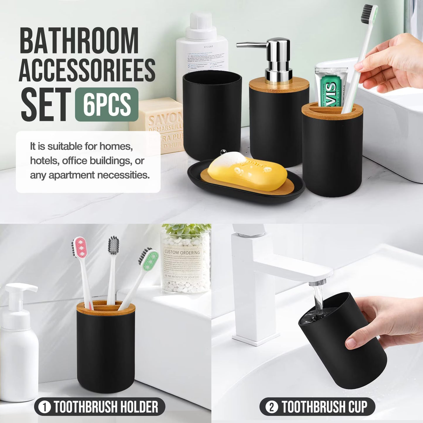 Bathroom Accessories Set 6 Pcs Bathroom Set Ensemble Complete Soap Dispenser Toothbrush Holder Tumbler Soap Dish Toilet Cleaning Brush Trash Can, Thread Black