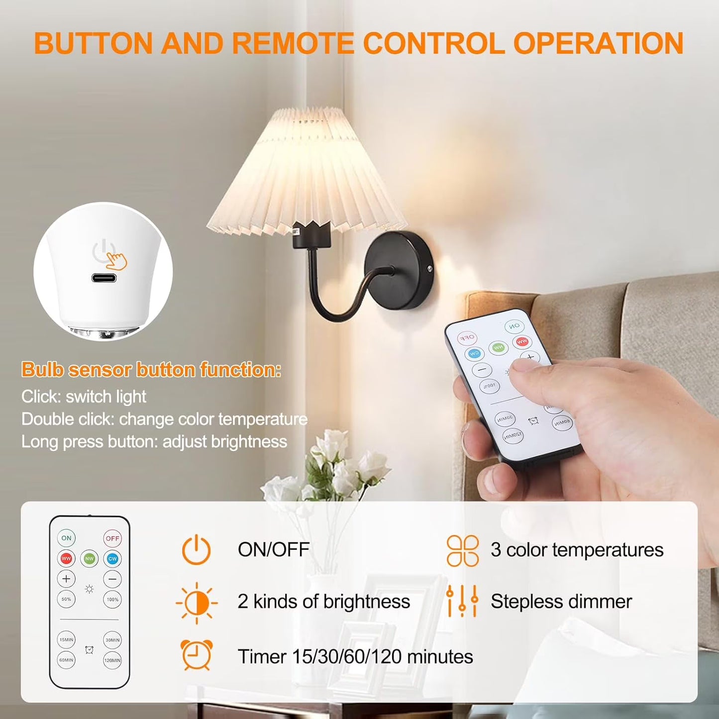 Mikhai 2 Pack Tri-color light bulbs LED Light Bulbs with Remote,rechargeable light bulbs, No App or Wi-Fi Required, Bulbs