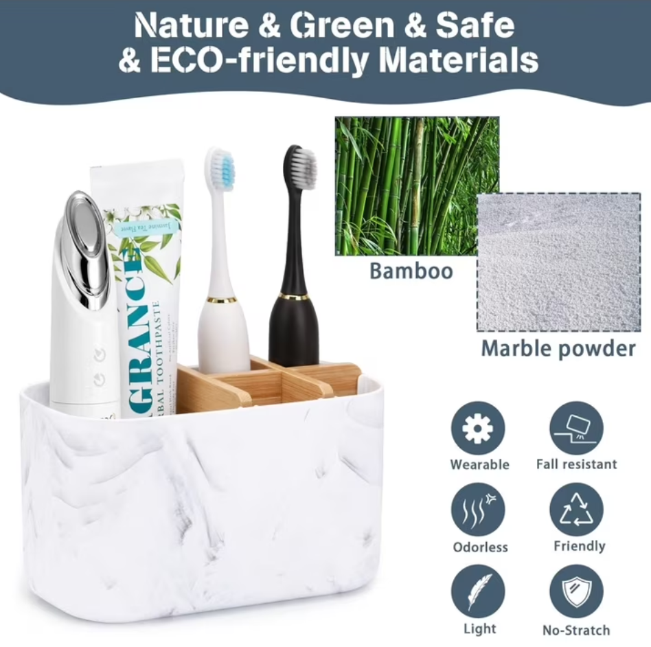 Toothbrush Holders for Bathrooms, 5 Slots Bamboo Toothbrush Holder Kids Electric Toothbrush Holder and Toothpaste Holder for Bathroom Countertop Accessories Storage, Marble Toothbrush Organizer