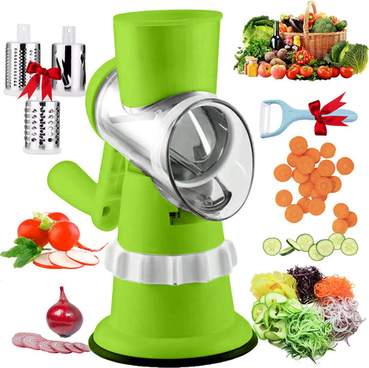Rotary Cheese Grater, Kitchen Mandoline Vegetable Slicer with 3 Interchangeable Blades, Easy to Clean Grater for Fruit, Vegetables, Nuts-Green