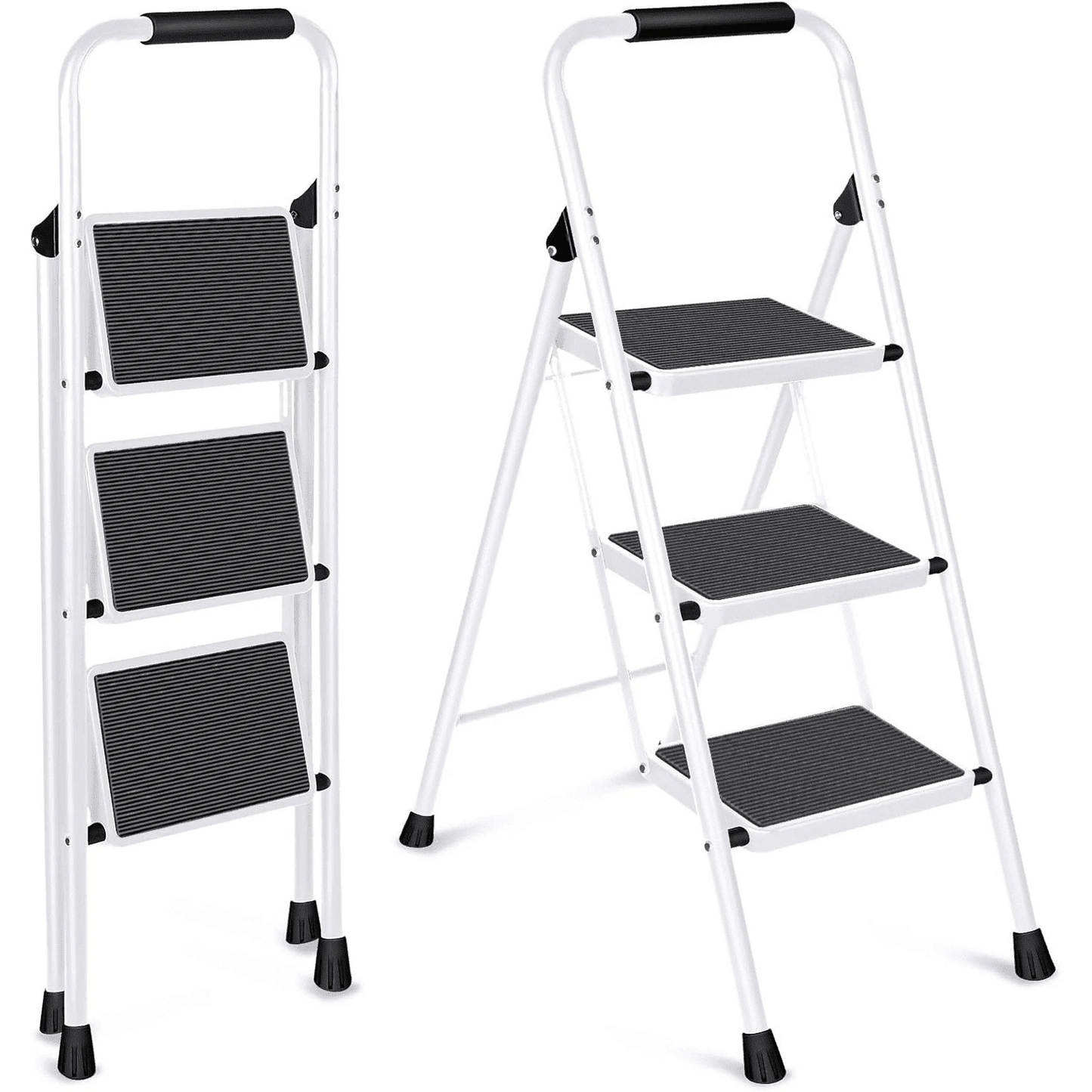 3 Step Ladder, ODEB Folding Step Stool with Wide Anti-Slip Pedal, 330lbs Sturdy Steel Ladder, Convenient Handgrip, Lightweight, Portable Steel Step Stool