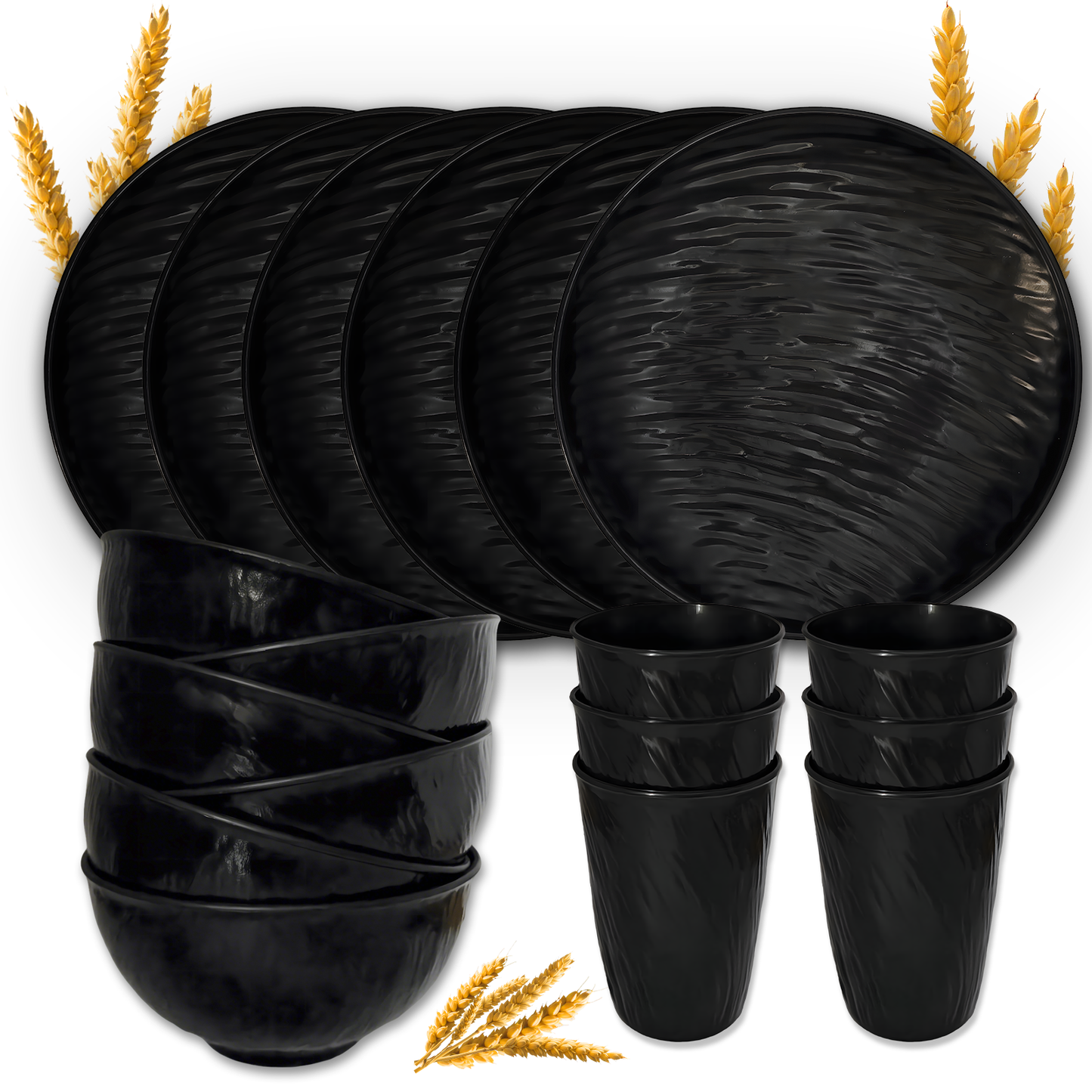 Unbreakable Dinnerware Sets, Rock Texture Bowls Sets for 18PCS, Microwave & Dishwasher Safe, Eco-Friendly, Perfect for Dinners, Buffets, and Events- Black