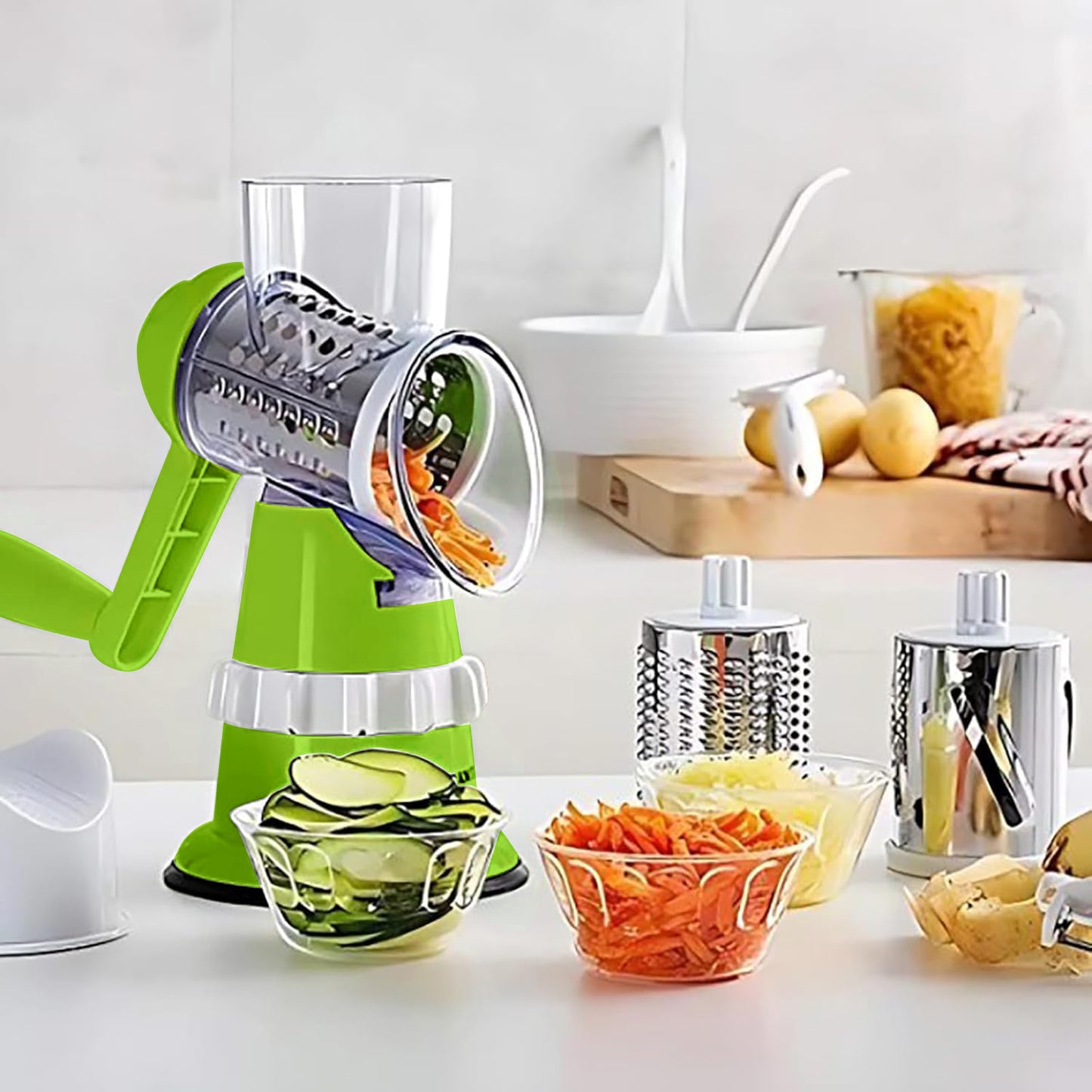 Rotary Cheese Grater, Kitchen Mandoline Vegetable Slicer with 3 Interchangeable Blades, Easy to Clean Grater for Fruit, Vegetables, Nuts-Green