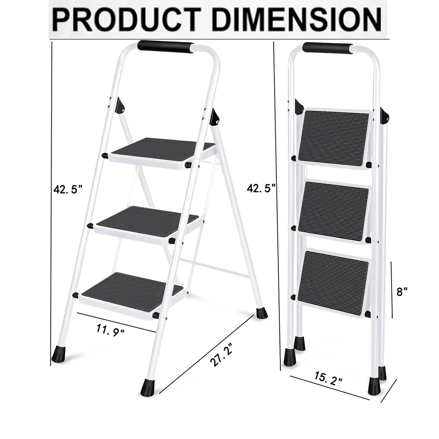 3 Step Ladder, ODEB Folding Step Stool with Wide Anti-Slip Pedal, 330lbs Sturdy Steel Ladder, Convenient Handgrip, Lightweight, Portable Steel Step Stool