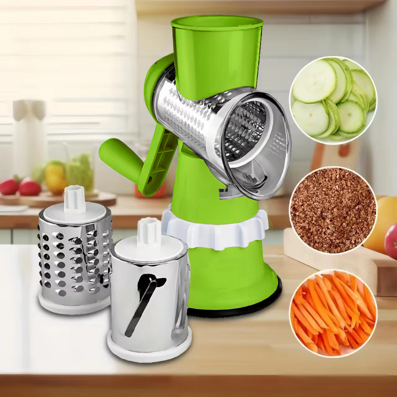 Rotary Cheese Grater, Kitchen Mandoline Vegetable Slicer with 3 Interchangeable Blades, Easy to Clean Grater for Fruit, Vegetables, Nuts-Green