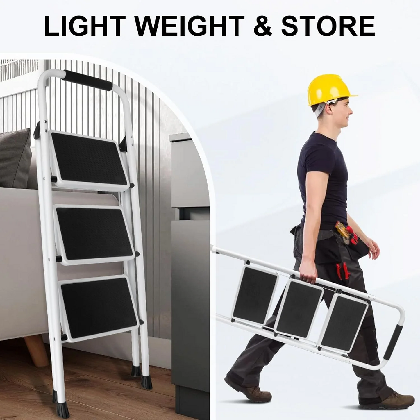 3 Step Ladder, ODEB Folding Step Stool with Wide Anti-Slip Pedal, 330lbs Sturdy Steel Ladder, Convenient Handgrip, Lightweight, Portable Steel Step Stool