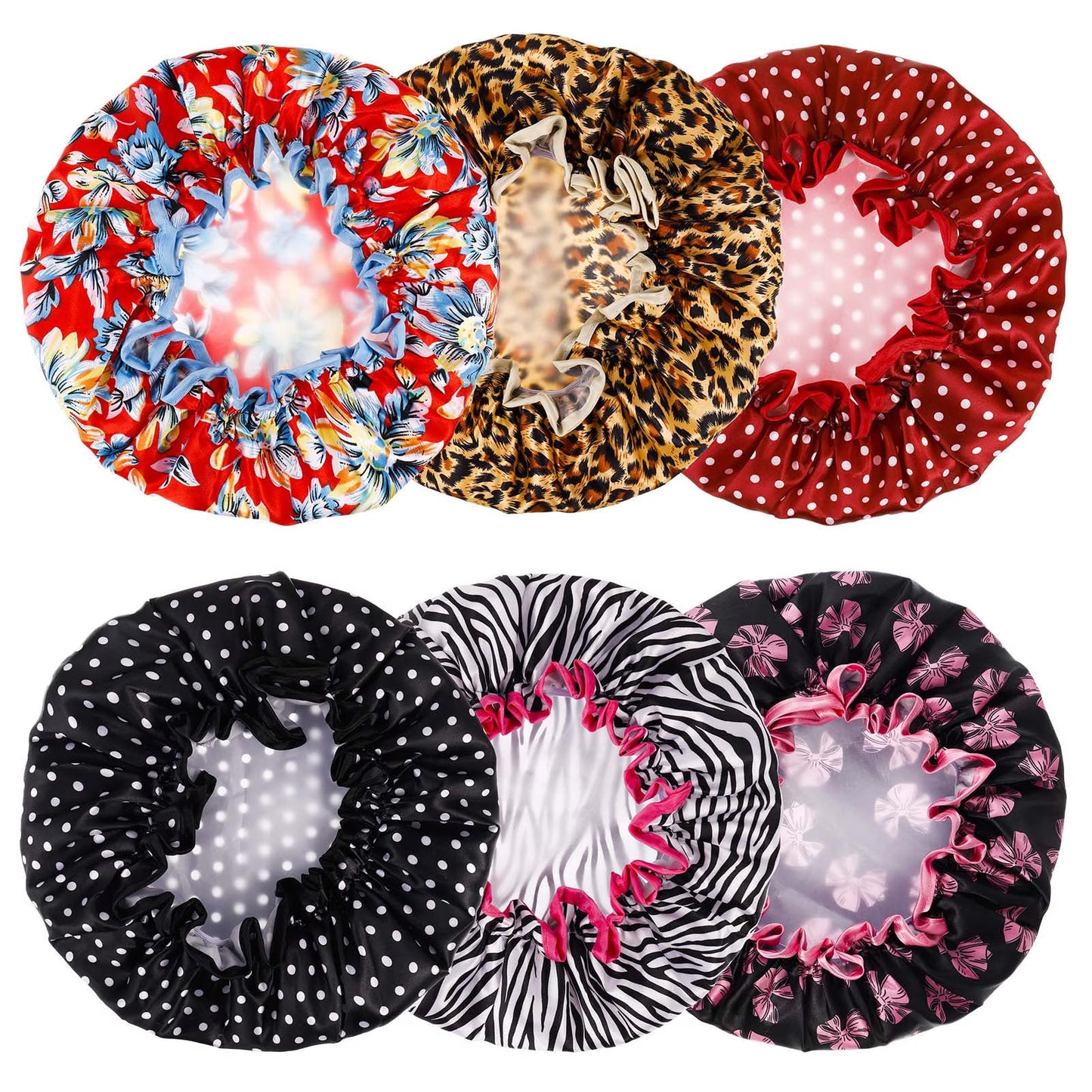 6 Pieces Shower Cap for Women, Elastic and Reusable, Environmental Protection Hair Bath Caps, Double Waterproof Layers Bathing Hat for Women Girl