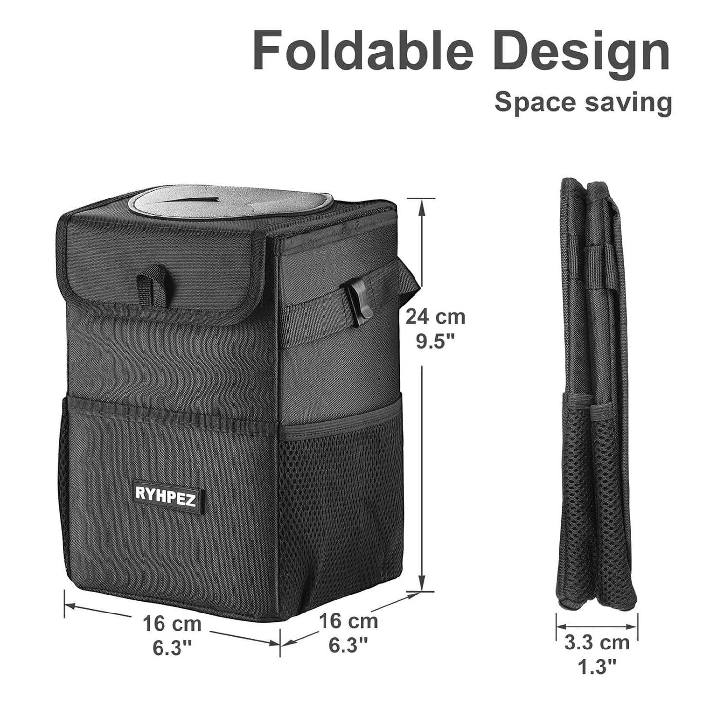 Mikhai Car Trash Can with Lid and Storage Pockets - Leak-Proof Organizer, Waterproof Car Accessories, Multipurpose Car Garbage Can, 2 Gallons, Black