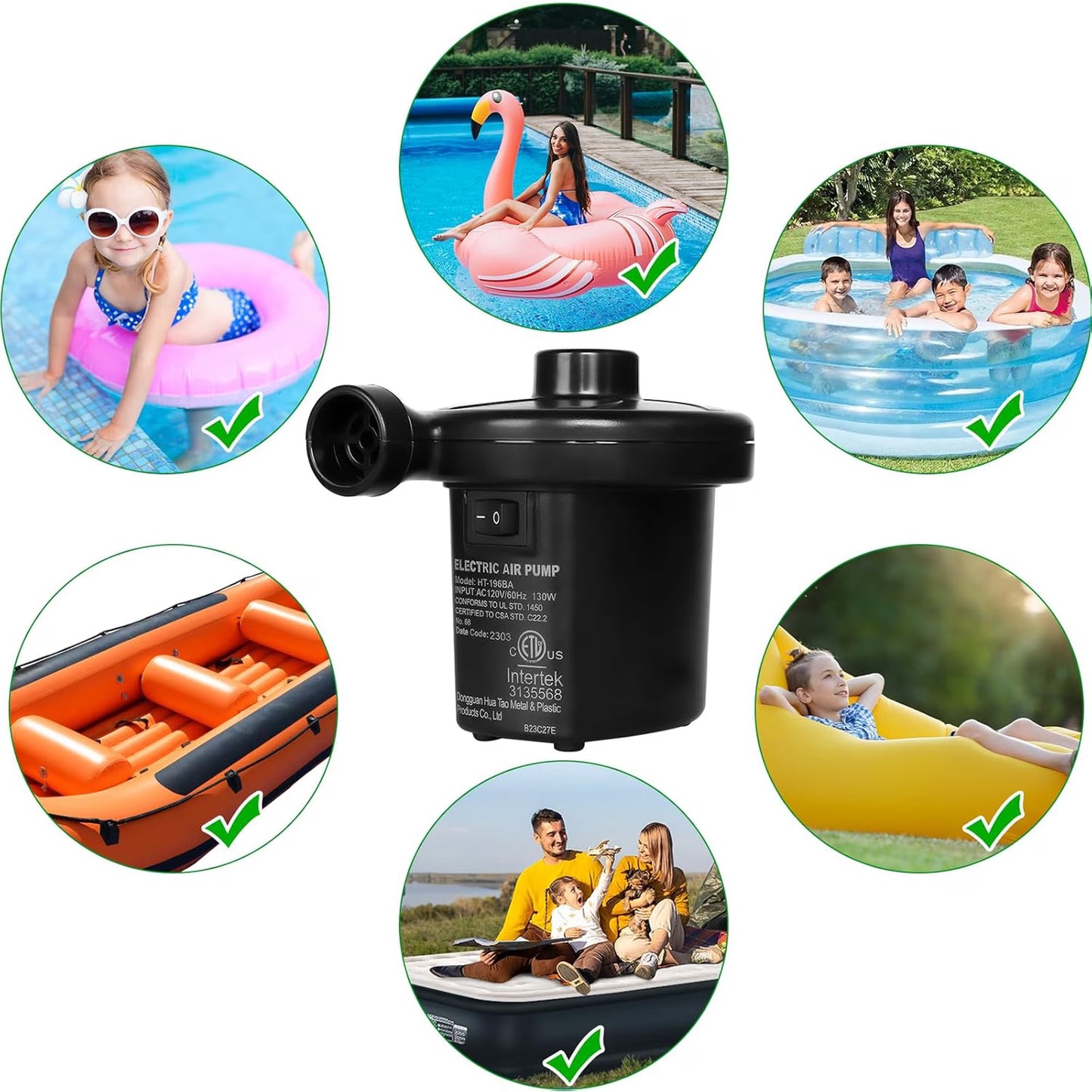 Mikhai Electric Air Pump,Portable Air Pump with 3 Nozzles, 5kPa Quick-Fill,110V AC/12V DC Inflator/Deflator Pumps for Outdoor Camping, Inflatable Air Mattress Beds, Boats, Swimming Ring