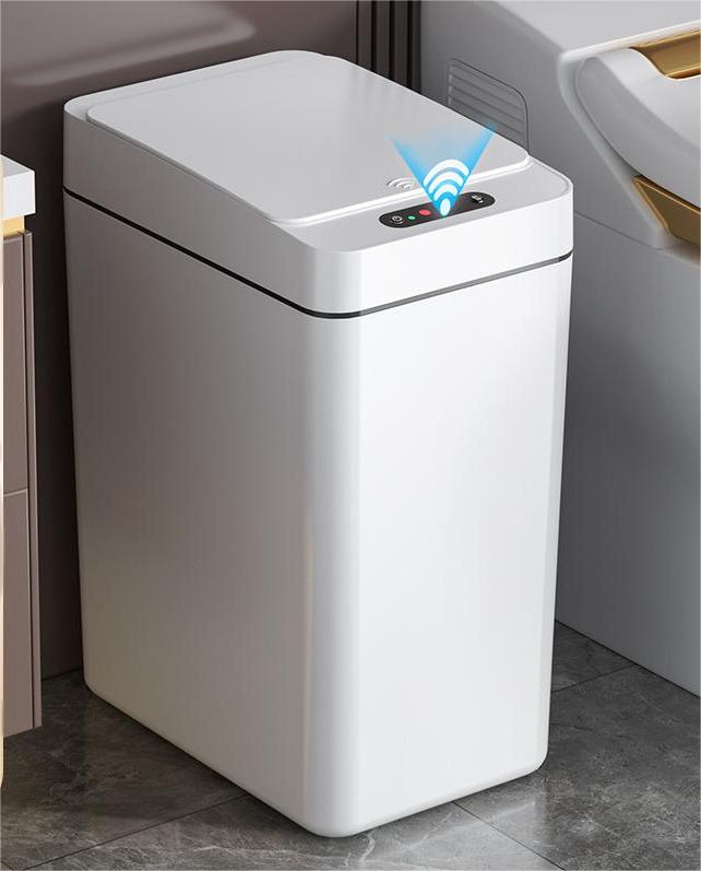 IRINNA Bathroom Small Trash Can with Lid, 2.6 Gallon Touchless Automatic Garbage Can Slim Waterproof Motion Sensor Smart Trash Bin for Bedroom, Office, Kitchen, Living Room (White)