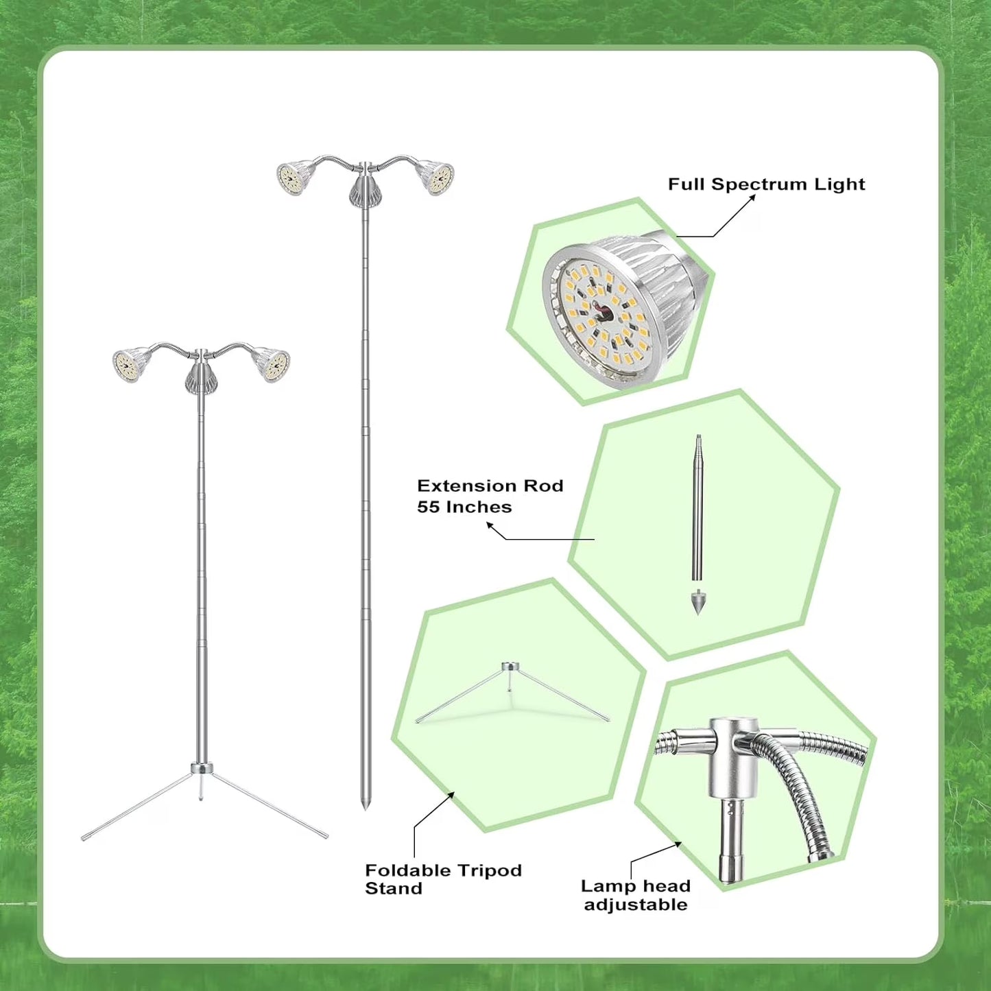 Mikhai Grow Lights for Indoor Plants Full Spectrum with Detachable Tripod Stand, 10-55 Inches Height Adjustable Aluminum Alloy Indoor Plant Grow Lamp with Auto On/Off Timer Function,grow light