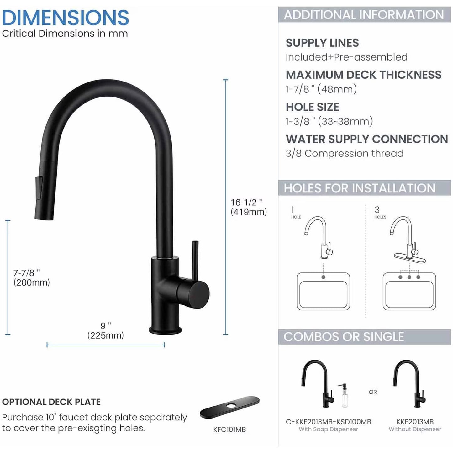 Mikhai Kitchen Faucets with Pull Down Sprayer, Brushed Nickel, High Arc Single Handle Classic Stainless Steel Sink Faucet 1 Hole, Suitable for Farmhouse Camper Laundry Rv Bar, Black