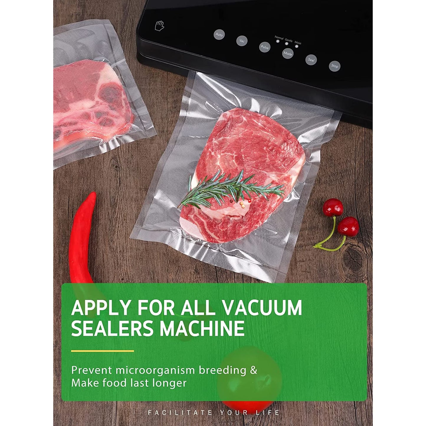Food Grade Vacuum Seal Bags, Reusable Freezer Safe, Easy Tear, Multi Size for Meat, Fish, Tea & Kitchen Storage