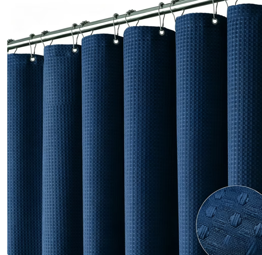 Waffle Textured Heavy Duty Thick Fabric Shower Curtains for Bathroom, 256GSM Luxury Weighted Polyester Cloth Bath Curtain Set with 12 Plastic Hooks，72Wx72H,Blue