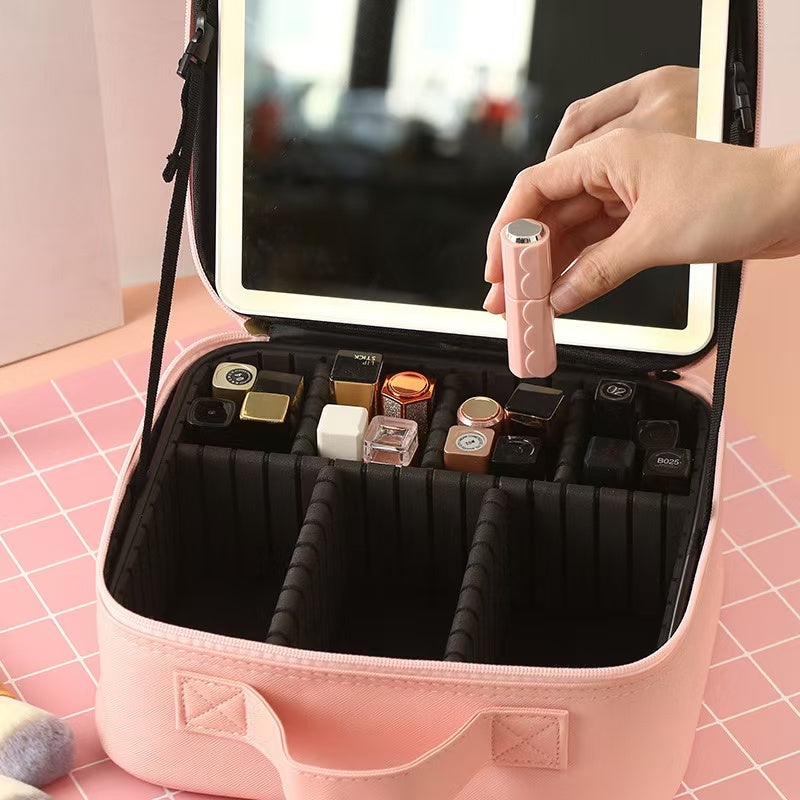 Yzhappy Travel Makeup Bag With LED Mirror, Cosmetic Train Case with Light up Mirror, Portable Makeup Artist Organizer Bag with Adjustable Dividers, Makeup Brush Holder Storage, Pink