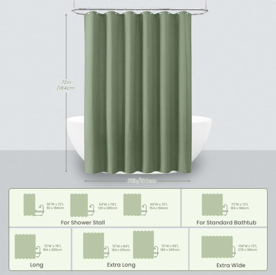 Shower Curtain sage green curtains bathroom curtain Waffle Textured Heavy Duty Thick Fabric Shower Curtains for Bathroom, Luxury Weighted Polyester Cloth Bath Curtain ,72Wx72H,Green