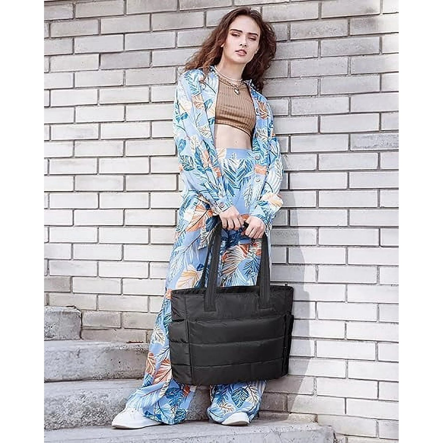 Tote Bag for Women, Lightweight Puffy Tote Bag with Compartments, Quilted Shoulder Bag Handbag for Travel, Work