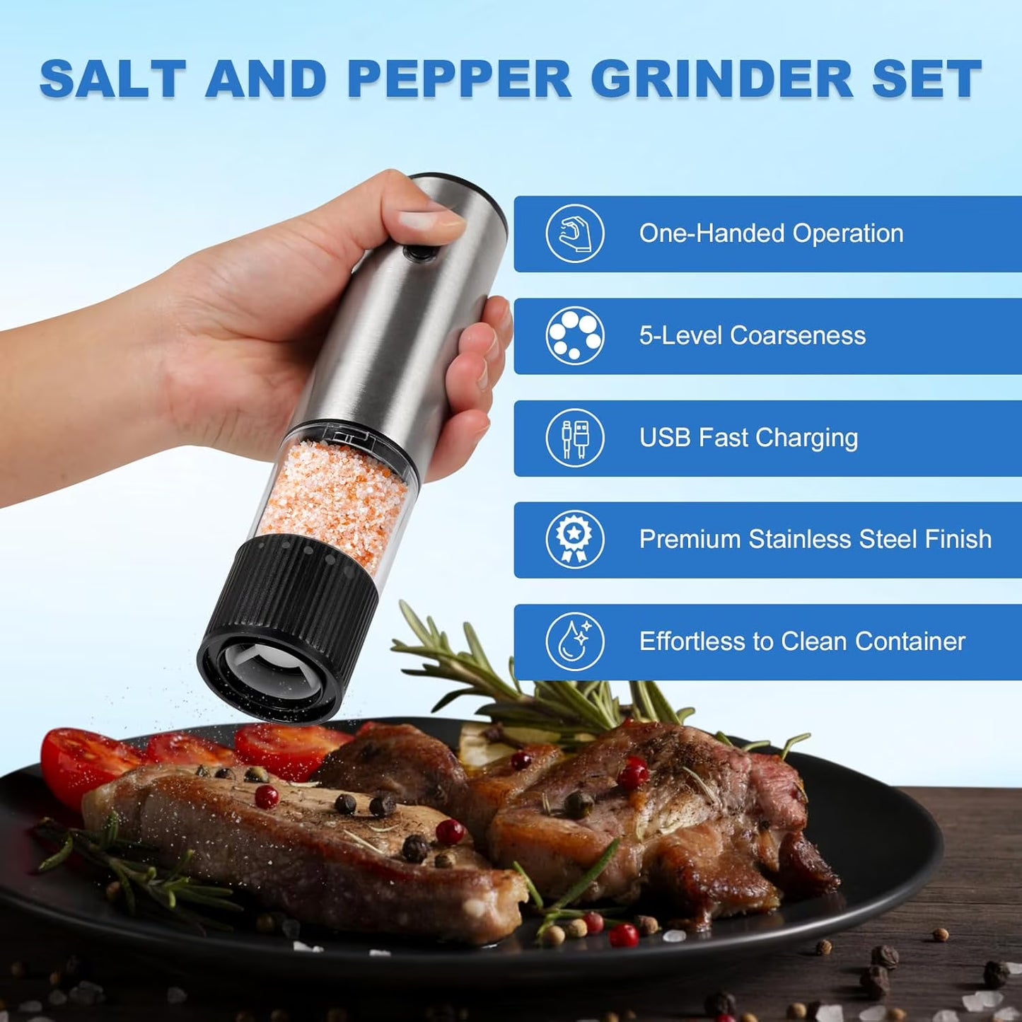 Carestrong Salt And Pepper Grinder Set Automatic Battery Pepper Mill Shakers Salt And Pepper Shakers Adjustable Coarseness Upgraded Larger Capacity with Kitchen Appliances Birthday Gifts for Women M