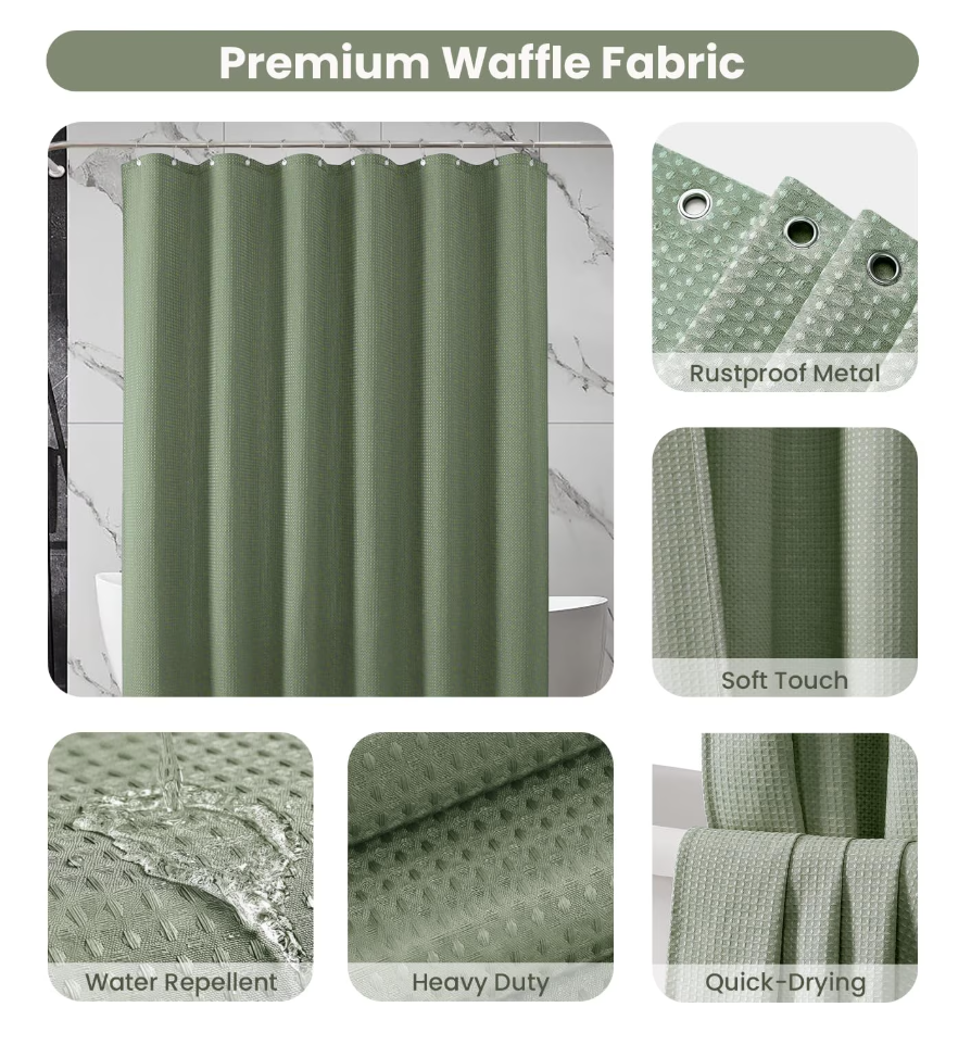 Shower Curtain sage green curtains bathroom curtain Waffle Textured Heavy Duty Thick Fabric Shower Curtains for Bathroom, Luxury Weighted Polyester Cloth Bath Curtain ,72Wx72H,Green