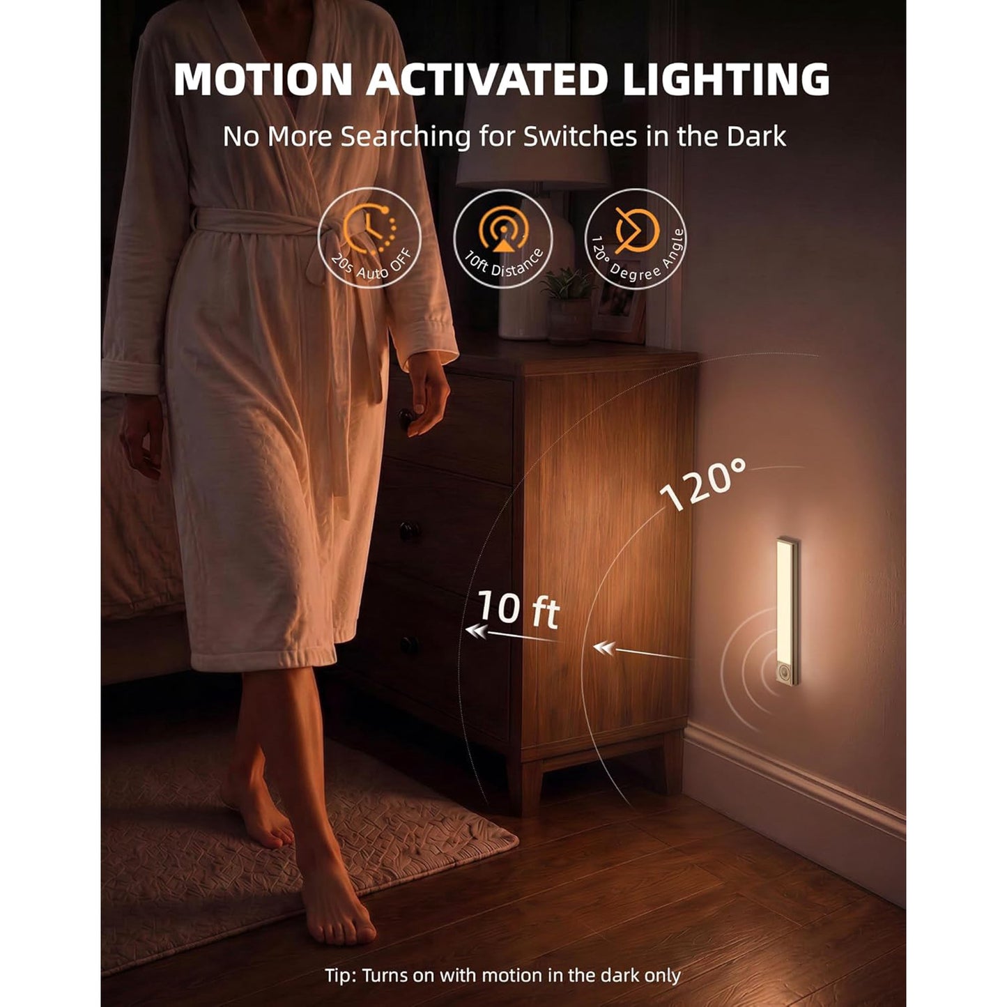 Mikhai 16inch Under Cabinet Lighting, 2 Pack Rechargeable Motion Sensor Light Indoor, 5 Levels Dimmable Magnetic Closet Lights, Wireless Under Counter Lights for Kitchen, Stairs