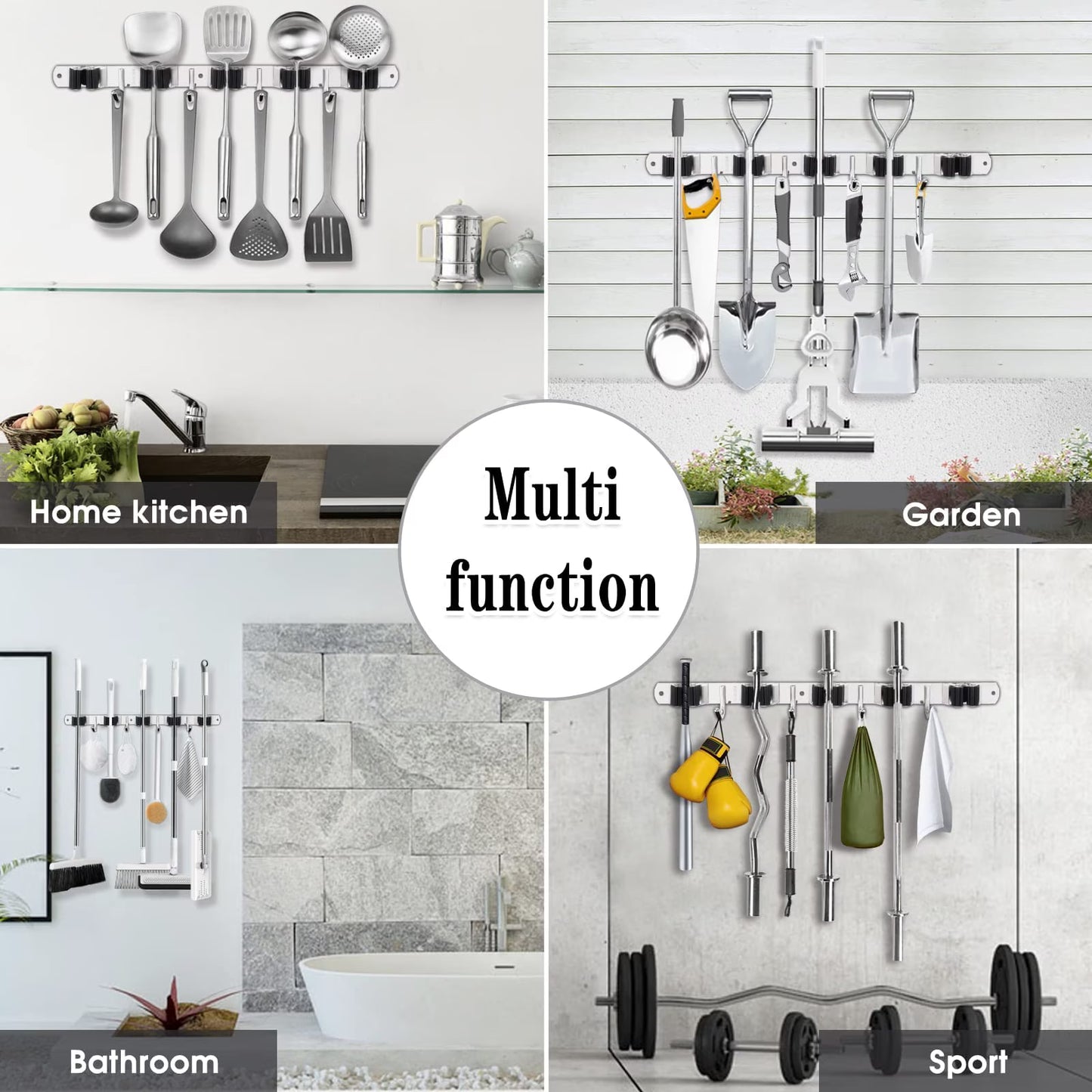 Mikhai 5 Racks and 4 Hooks Mop and Broom Holder Wall Mount, Broom Organizer Storage Tool Racks Stainless Steel Heavy Duty Hooks Self Adhesive Solid Non-slip for Home Kitchen Garden Laundry Garage