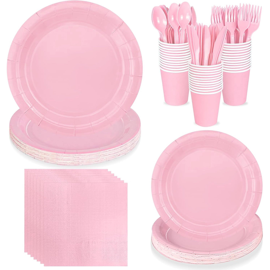 Yzhappy 175Pcs Disposable Party Supplies Includes Pink Paper Plates Cup Napkins Forks Spoons Knives, Dinnerware Set for Garden Party Birthday BBQ Baby Shower Wedding, Serve 25 Guests