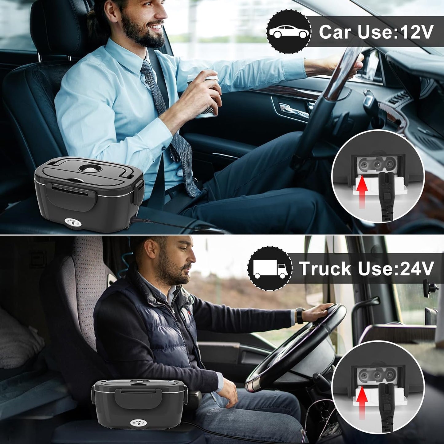 Electric Lunch Box Food Heater, 80W Portable Warmer for Car Truck Work with 304 Stainless Steel Container, 12V/24V/110V Green Heated Lunch Box Suitable for Ideal Driver/Work/Gift