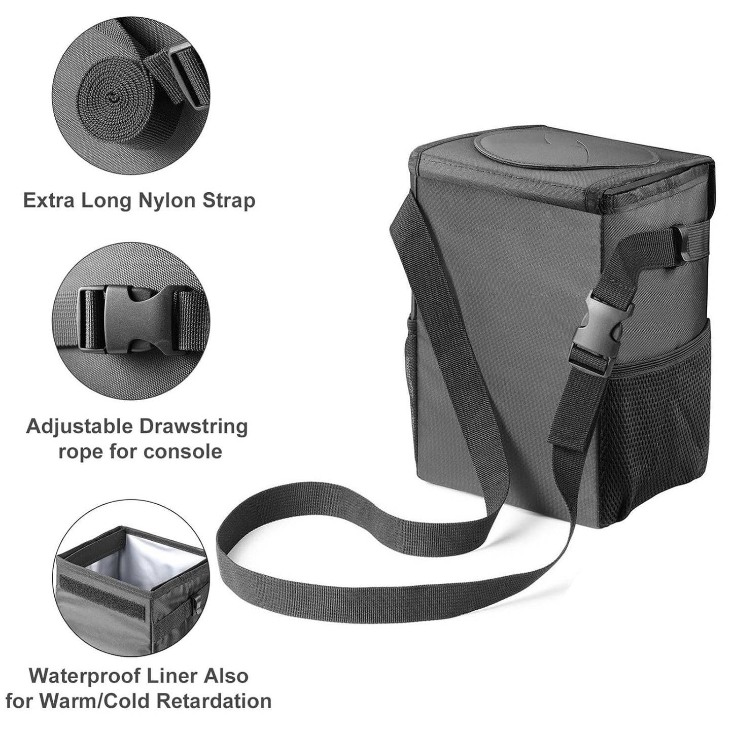 Mikhai Car Trash Can with Lid and Storage Pockets - Leak-Proof Organizer, Waterproof Car Accessories, Multipurpose Car Garbage Can, 2 Gallons, Black
