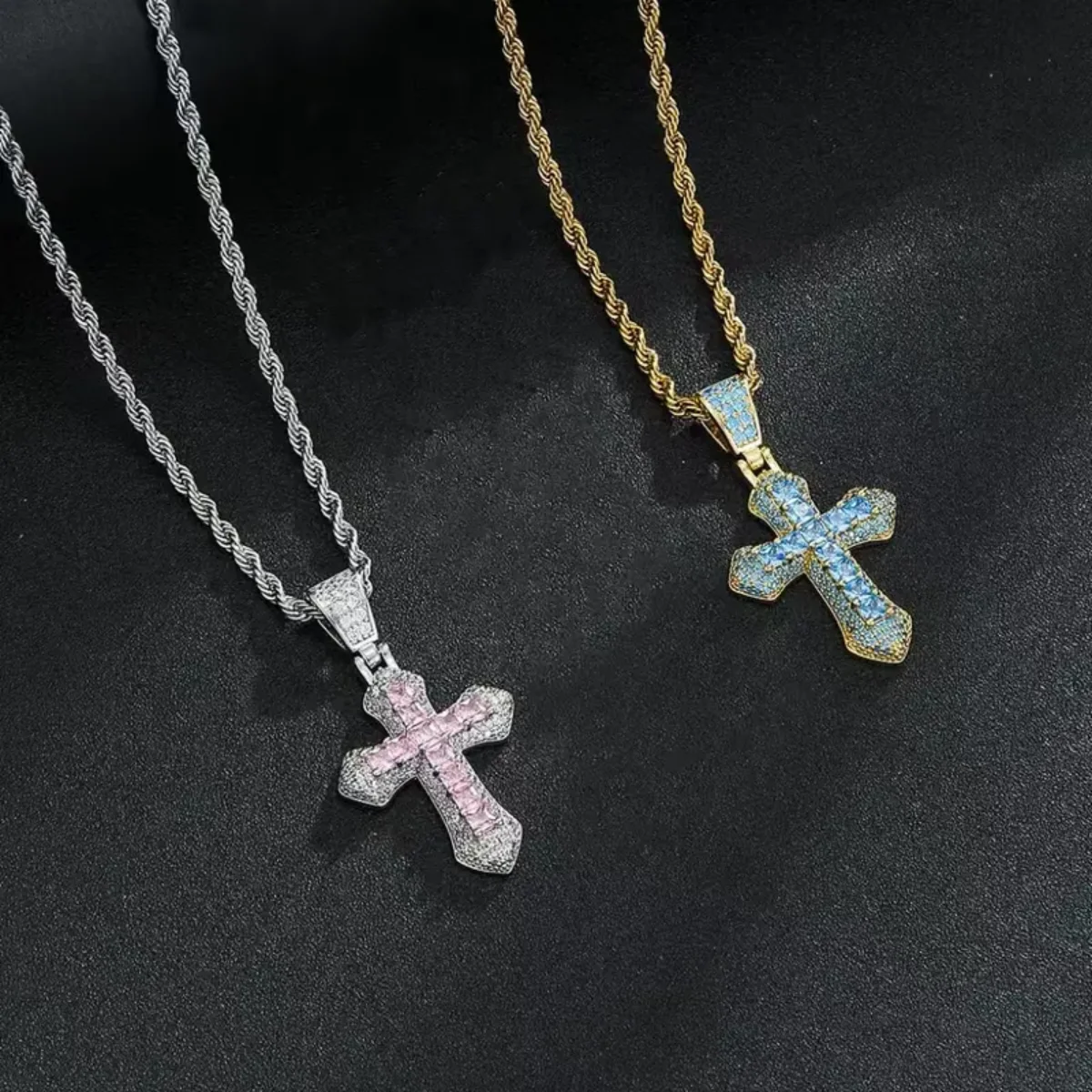 EHIW Crystal Cross Pendant Necklace, Blue Zircon Stones, Silver Chain, 24 Inches