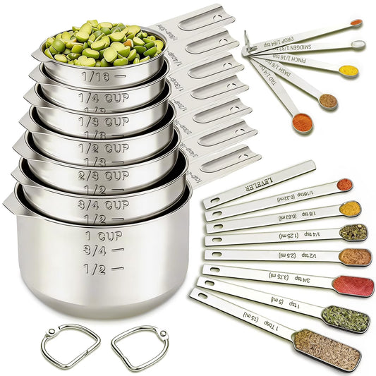 Yilush Cups and Spoons Set, 7 Stainless Steel Nesting Measuring Cups & 7 Spoons, 5 Mini Measuring Spoons &1 Leveler, Kitchen Gadgets for Cooking & Baking, Squar