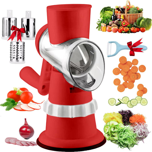 Rotary Cheese Grater, Kitchen Mandoline Vegetable Slicer with 3 Interchangeable Blades, Easy to Clean Grater for Fruit, Vegetables, Nuts