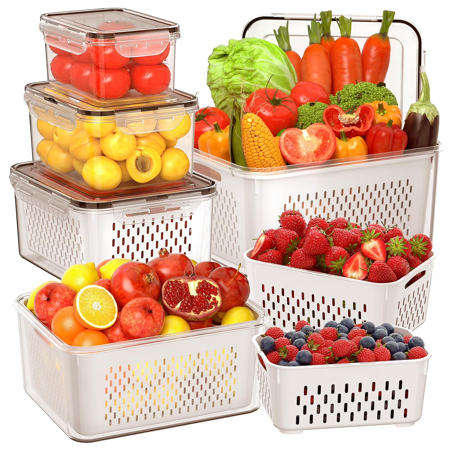 AMAZTEK Large Fruit Containers for Fridge, 5 PCS Leakproof Food Storage Containers with Removable Colander, Airtight Storage Container to Keep Berry Fruit Fresh, Dishwasher & microwave safe