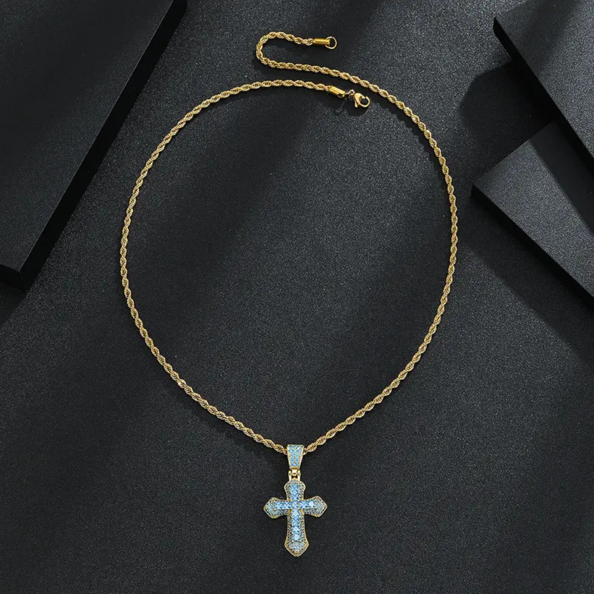 EHIW Crystal Cross Pendant Necklace, Blue Zircon Stones, Silver Chain, 24 Inches