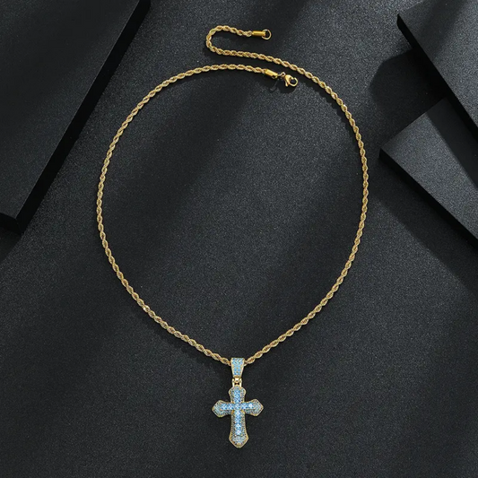 EHIW Crystal Cross Pendant Necklace, Blue Zircon Stones, Silver Chain, 24 Inches