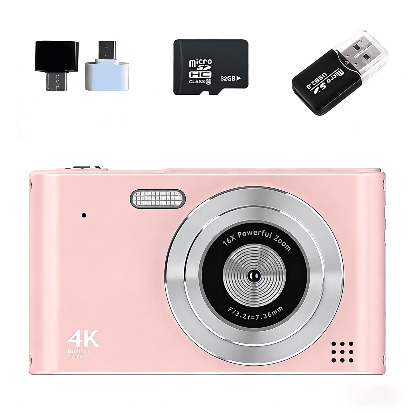 Avoben digital camera, FHD 1080P digital point-and-shoot camera, 16x optical zoom, image stabilization, 32GB memory card, compact and portable, suitable for boys, girls and children, pink.