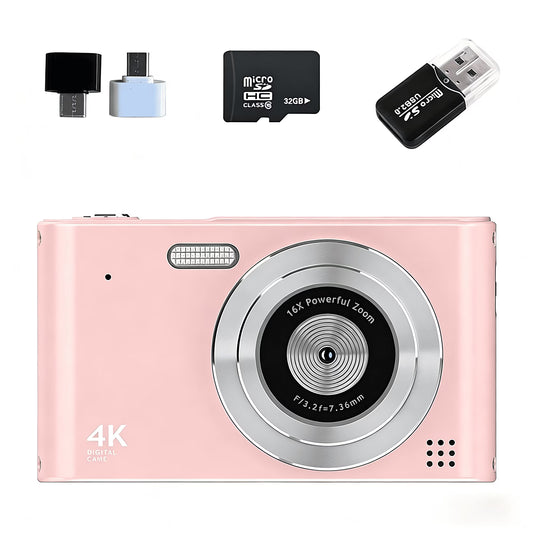 Avoben digital camera, FHD 1080P digital point-and-shoot camera, 16x optical zoom, image stabilization, 32GB memory card, compact and portable, suitable for boys, girls and children, pink.