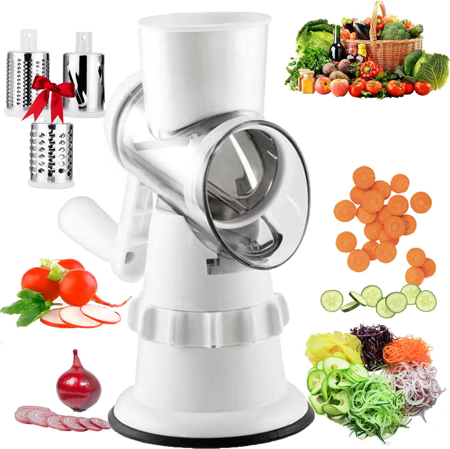 Rotary Cheese Grater, Kitchen Mandoline Vegetable Slicer with 3 Interchangeable Blades, Easy to Clean Grater for Fruit, Vegetables, Nuts-White
